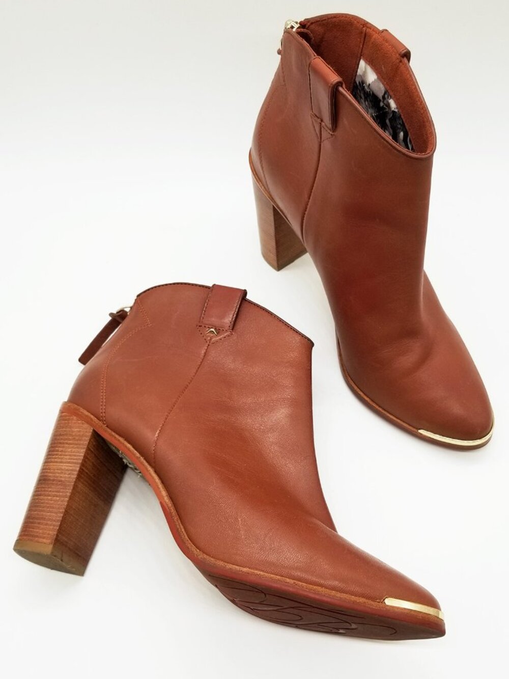 Ted Baker Kasidy Brown Leather Cowboy Ankle Boots Gold Metal Toe 39.5 Western